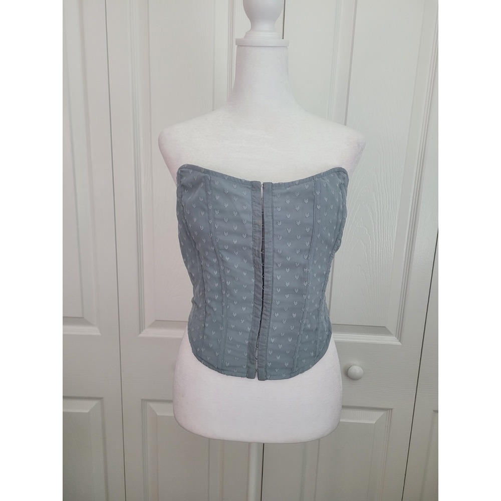 Kendall and Kylie Slate Blue Allover Hearts Lace Up Back Bustier Corset Top M
